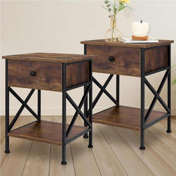Alfordson 2x Bedside Table Retro Nightstand 1 Drawer Dark Oak