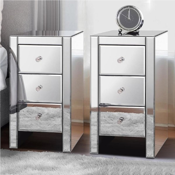 ALFORDSON 2x Mirrored Bedside Table Cabinet Nightstand Silver