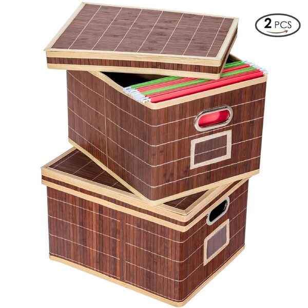 Costway 2x Bamboo Storage Boxes Folding Picnic Baskets Large Organizer Hamper w/Removable Lids & Metal Handles Coffee