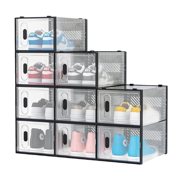 Advwin Shoe Storage Box 12Pcs Aromatic Clear Plastic Stackable Shoe Organizer Foldable Shoe Containers Black