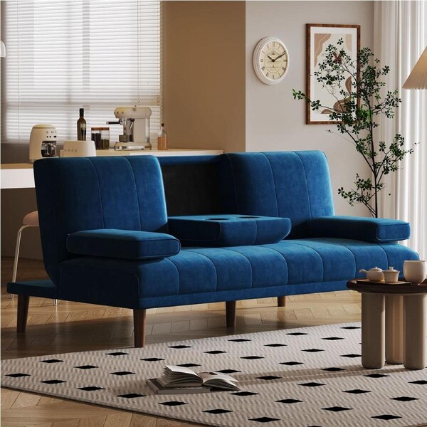 3 Seater Sofa Bed Couch with Cup Holder Velvet Navy