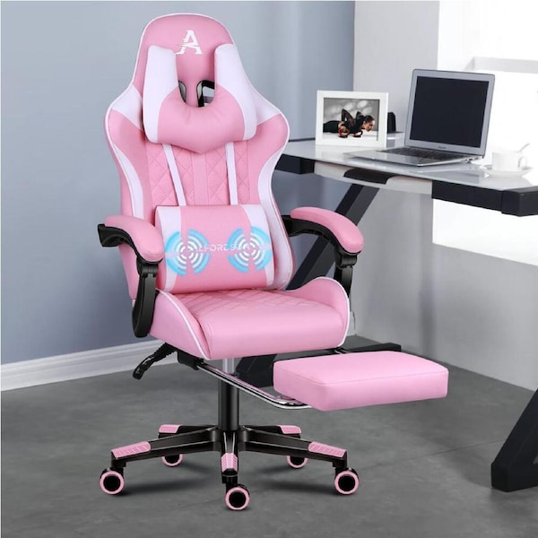 ALFORDSON Gaming Chair PU Leather with Footrest Pink & White