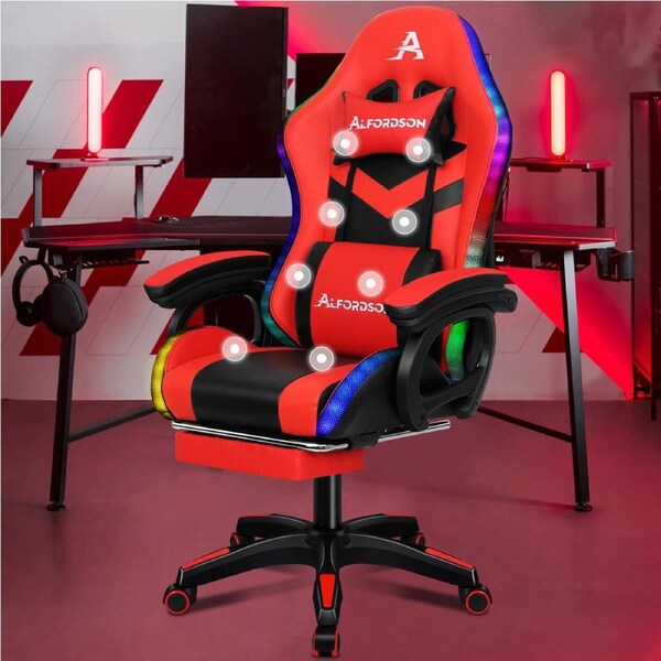 ALFORDSON Gaming Chair with 8-Point Massage 12 RGB LED Black & Red