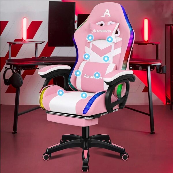 ALFORDSON Gaming Chair 12 RGB LED Massage Ergonomic Office Chair Computer Recliner Footrest Seat Pink & White