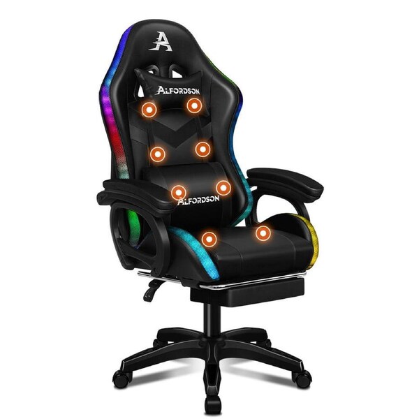 ALFORDSON Gaming Chair Massage 12 RGB LED Footrest - Black