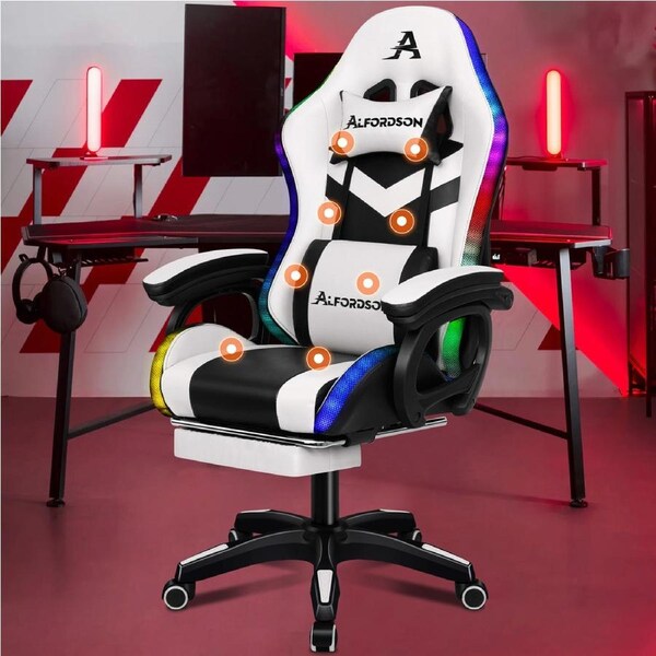 ALFORDSON Gaming Chair with 8-Point Massage 12 RGB LED Black & White