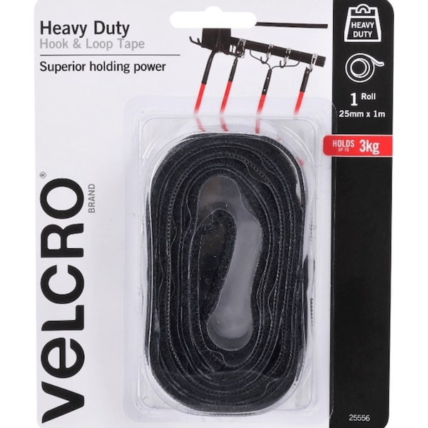 Velcro Brand Stick-On Heavy Duty Hook And Loop Tape Strip 25mmx1m Black