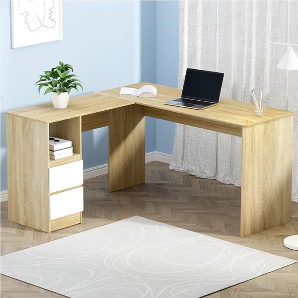 Artiss 136cm Computer Desk L-Shape Corner Desks with Drawer Cabinet Oak