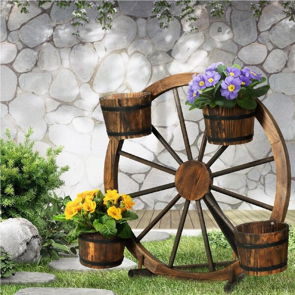 1x Gardeon Garden Decor Plant Stand Outdoor Ornament Wooden Wagon Wheel 80cm
