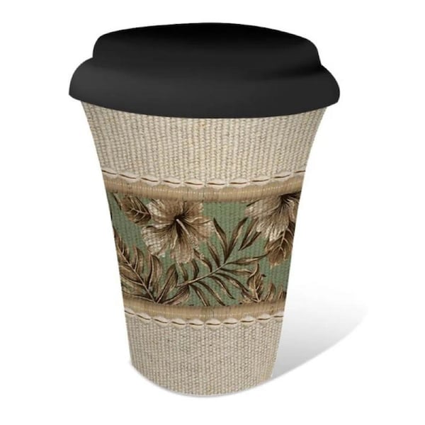 French Country Travel Tea Coffee Mug White Mellow Green Hibiscus