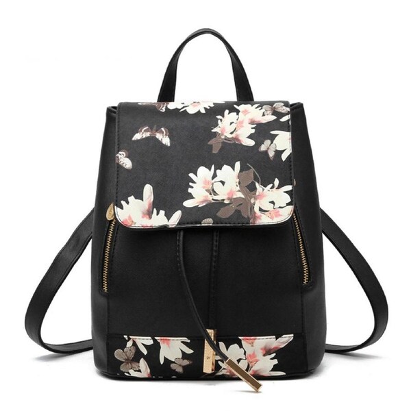 Nevenka Fashion PU Leather Women Backpack Anti-theft Travel Bag-Flower Black