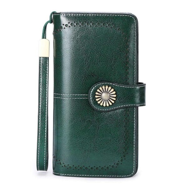 Nevenka Women Leather Credit Card Holder with RFID Blocking Large Capacity Wallets-Dark Green