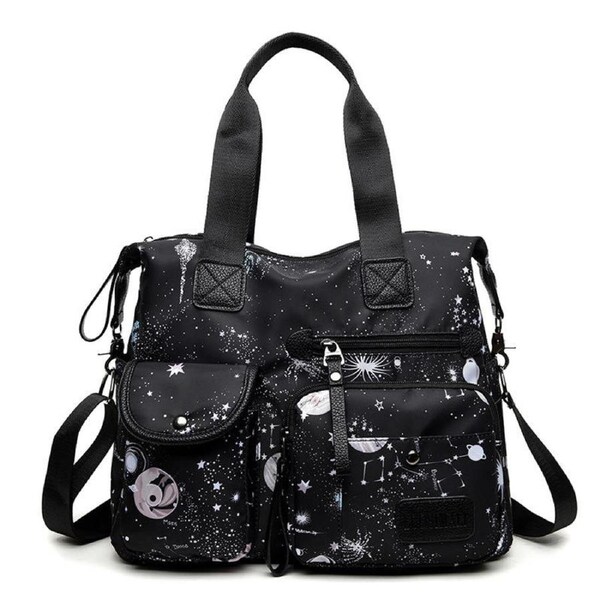 Nevenka Womens Lightweight Floral Top Handle Handbag Multi-pockets Nylon Shoulder Bag-Black