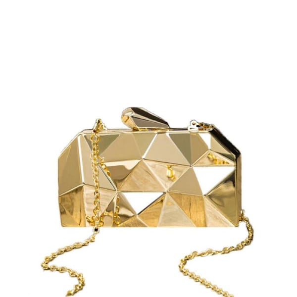 Nevenka Women Lattice Pattern Metal Handbag Chain Geometric Evening Clutch Purse-Gold