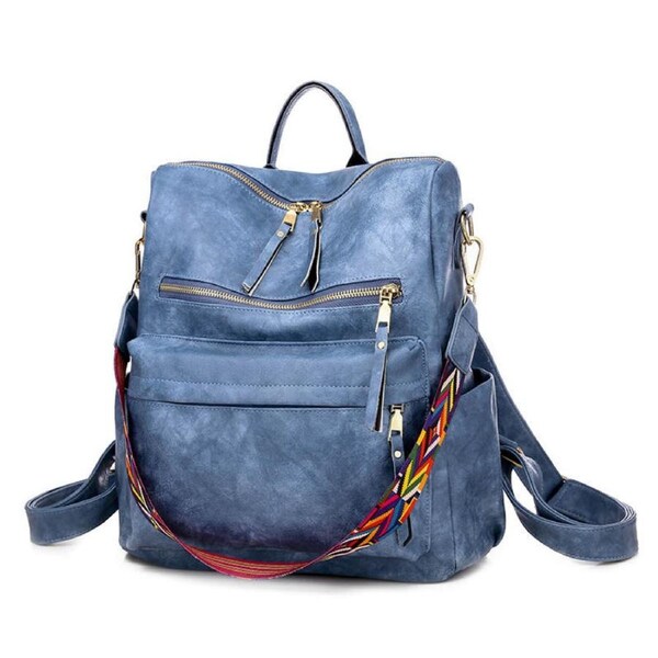 Nevenka Fashion Backpack Multipurpose Leather Travel Shoulder Bag-Blue