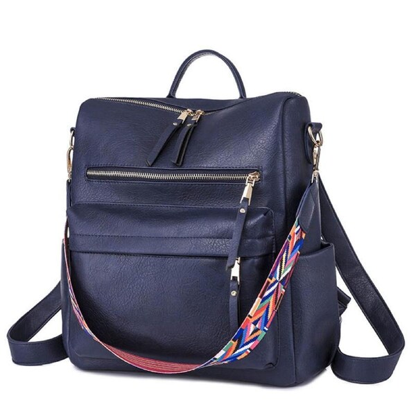 Nevenka Fashion Backpack Multipurpose Leather Travel Shoulder Bag-NavyBlue