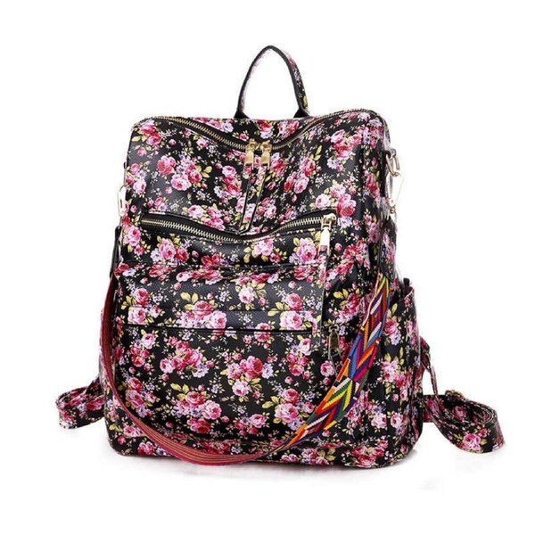 Nevenka Fashion Backpack Multipurpose Print Leather Travel Shoulder Bag-Flower