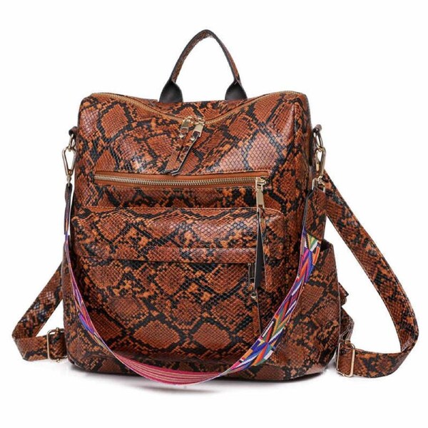 Nevenka Fashion Backpack Multipurpose Print Leather Travel Shoulder Bag-Brown Snake Pattern