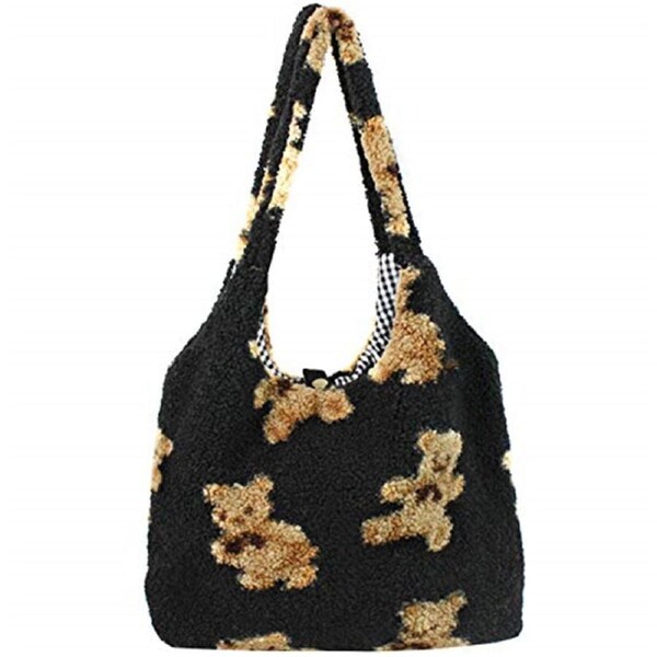 Nevenka Women Girls Cute Bear Plush Shoulder Bag Large Shopping Handbag-Black