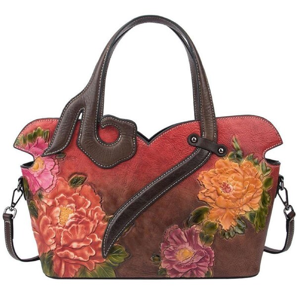 Nevenka Leather Bags For Women Top Handle Retro Flower Pattern Handbags-Red