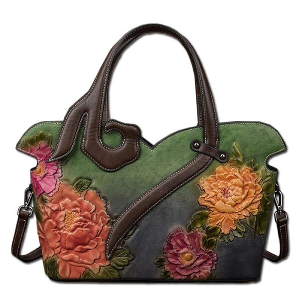Nevenka Leather Bags For Women Top Handle Retro Flower Pattern Handbags-Green