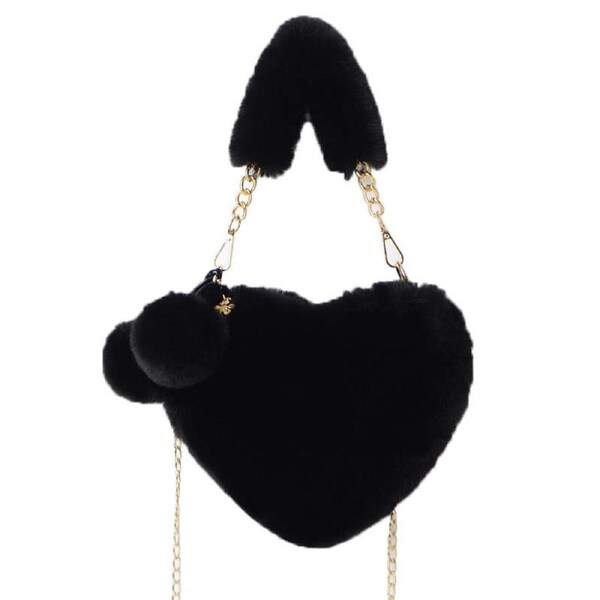 Nevenka Furry Purse For Girls Heart Shaped Fluffy Chain Shoulder Bag-Black
