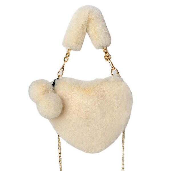 Nevenka Furry Purse For Girls Heart Shaped Fluffy Chain Shoulder Bag-Beige