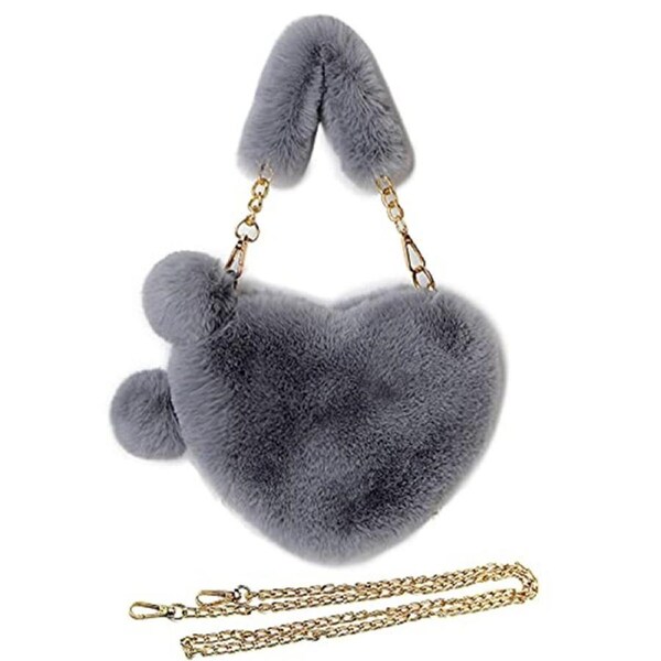 Nevenka Furry Purse For Girls Heart Shaped Fluffy Chain Shoulder Bag-Dark Grey