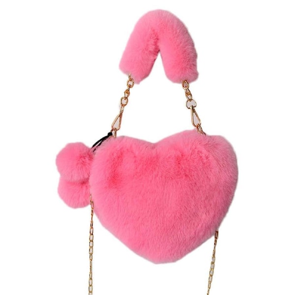 Nevenka Furry Purse For Girls Heart Shaped Fluffy Chain Shoulder Bag-Bright Pink