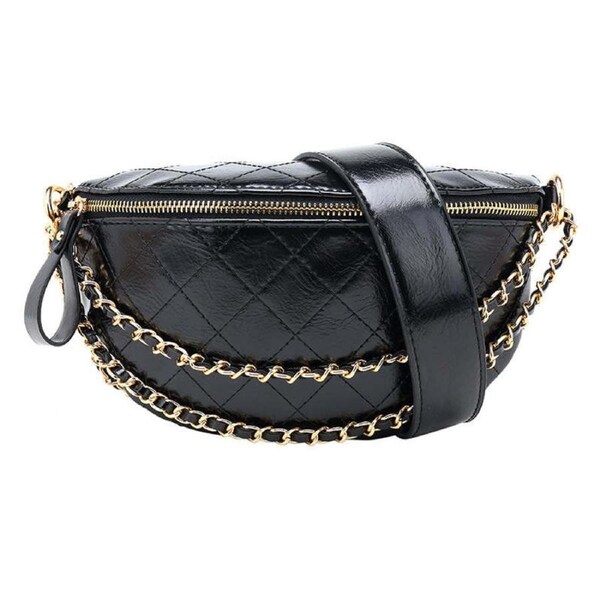 Nevenka Womens Chest Bag Leather Fashion Crossbody Purse with Gold Chain Strap-Black