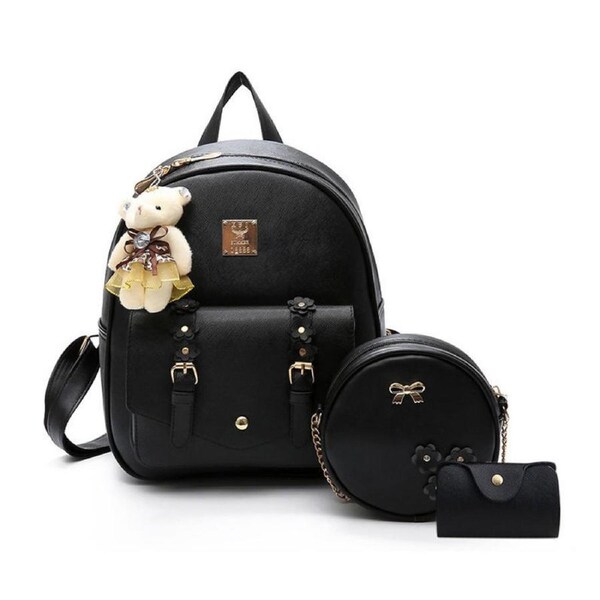 Nevenka Mini Leather Backpack Purse 3-Pieces Fashion Flower Zipper Daypacks for Girls and Women-Black