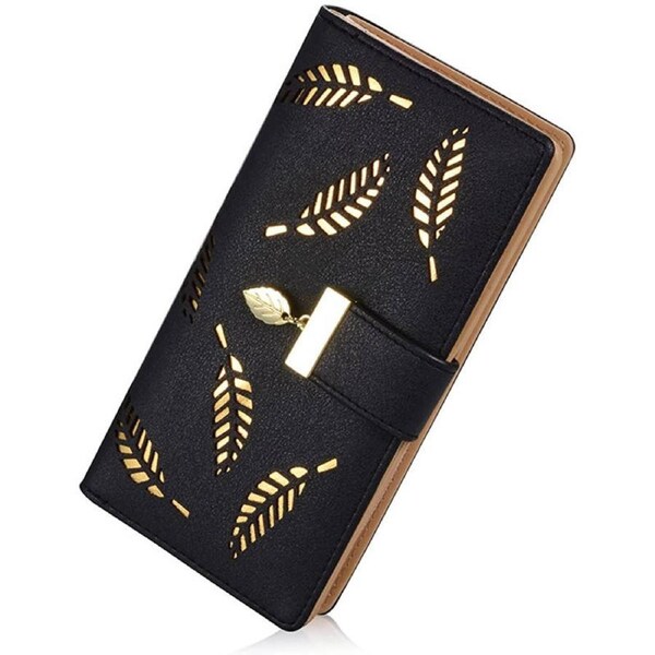 Nevenka Womens Long Leaf Bifold Wallet Leather Zipper Buckle Elegant Clutch-Black