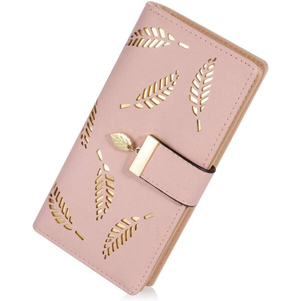 Nevenka Womens Long Leaf Bifold Wallet Leather Zipper Buckle Elegant Clutch-Pink
