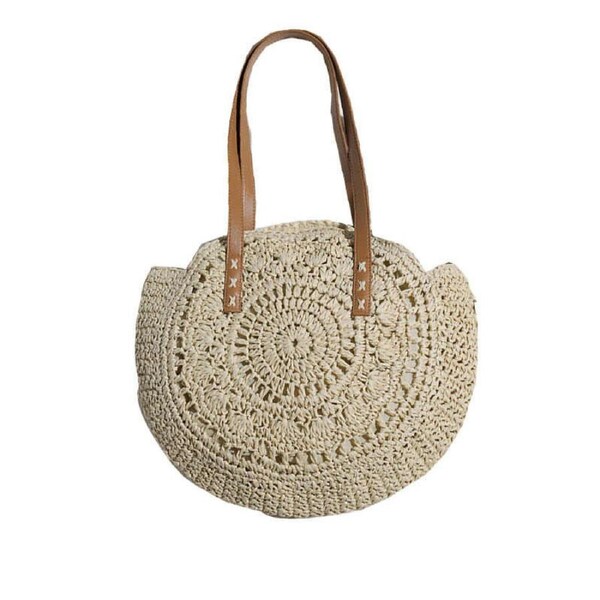 Nevenka Round Straw Bag Large Woven Summer Beach Tote Handbags for Women Vacation-Beige