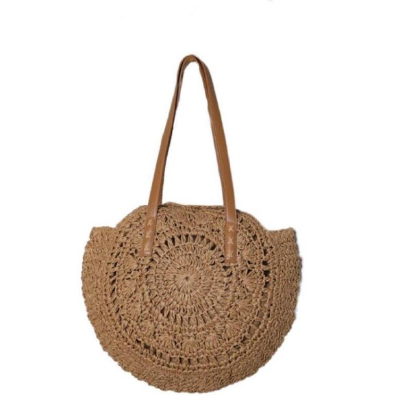Nevenka Round Straw Bag Large Woven Summer Beach Tote Handbags for Women Vacation-Khaki