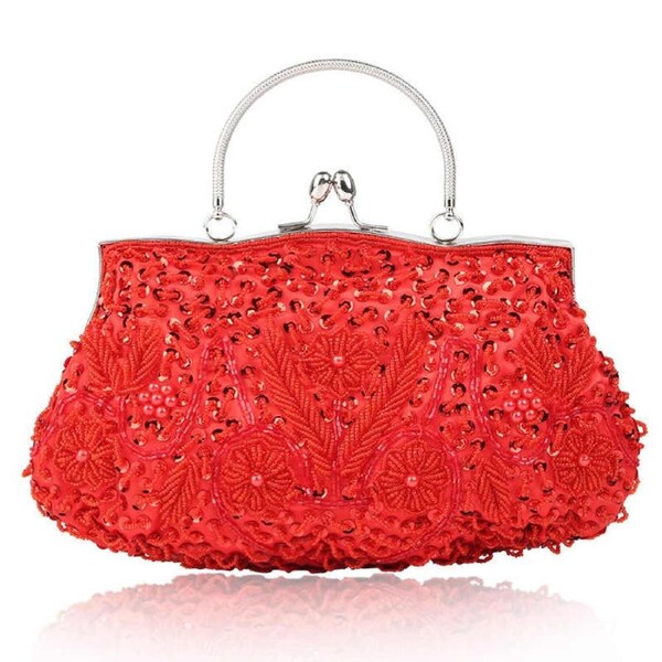 Nevenka Beaded Sequin Design Flower Evening Purse Large Clutch Bag-Red