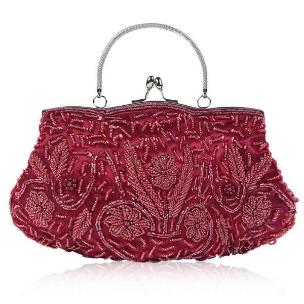 Nevenka Beaded Sequin Design Flower Evening Purse Large Clutch Bag-WineRed
