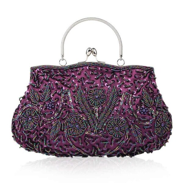 Nevenka Beaded Sequin Design Flower Evening Purse Large Clutch Bag-Purple