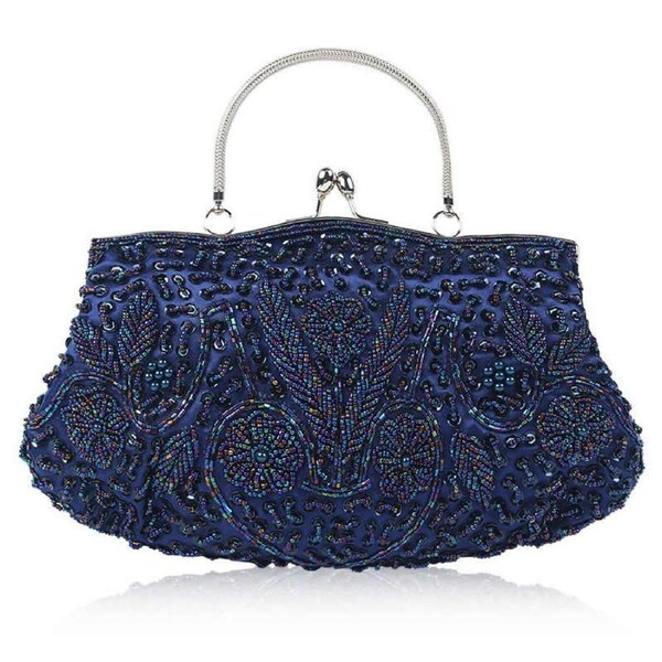 Nevenka Beaded Sequin Design Flower Evening Purse Large Clutch Bag-Blue