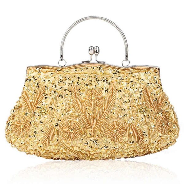 Nevenka Beaded Sequin Design Flower Evening Purse Large Clutch Bag-Gold