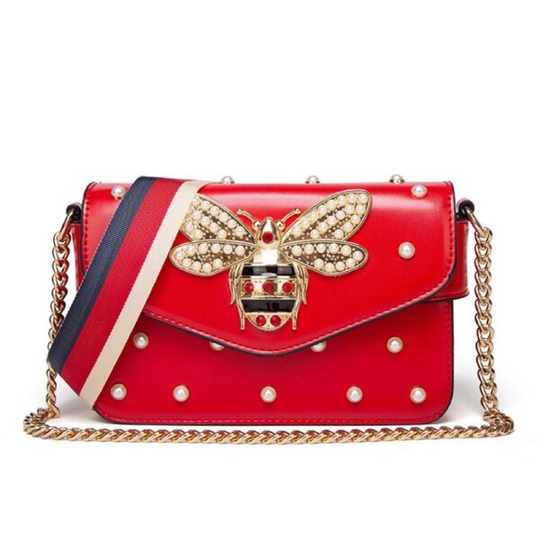 Nevenka Fashion Ladies Handbag PU Leather Bee Pearl Shoulder Bag-Red