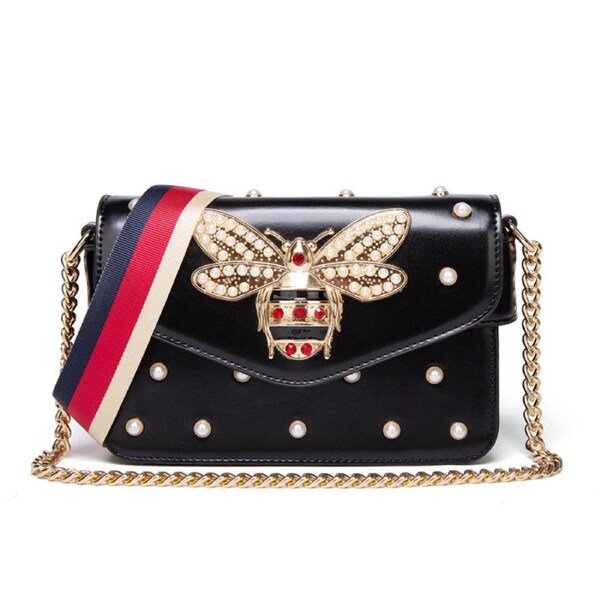 Nevenka Fashion Ladies Handbag PU Leather Bee Pearl Shoulder Bag-Black