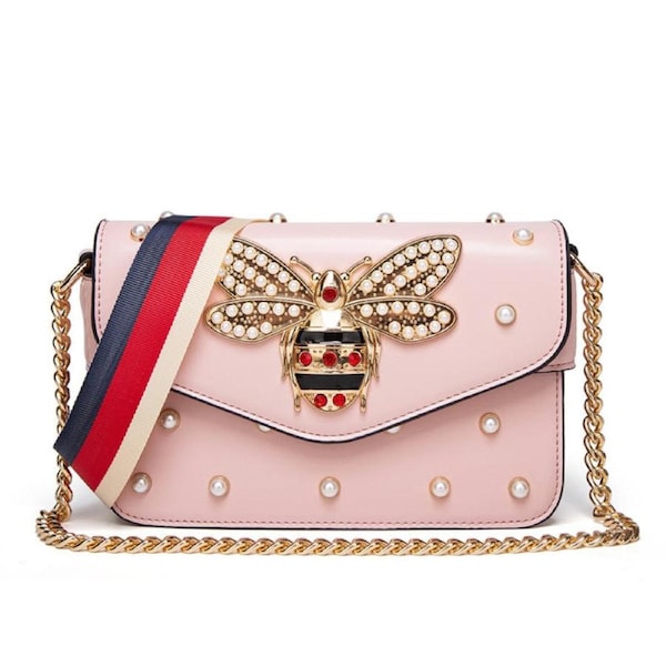 Nevenka Fashion Ladies Handbag PU Leather Bee Pearl Shoulder Bag-Pink