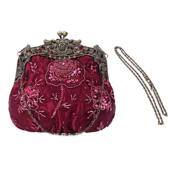 Nevenka Womens Beaded Party Clutch Vintage Rose Purse-Wine Red