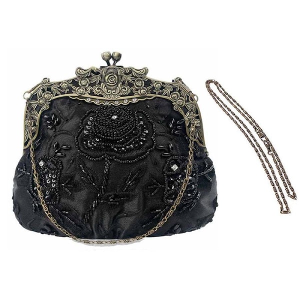 Nevenka Womens Beaded Party Clutch Vintage Rose Purse-Black