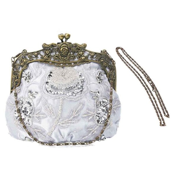 Nevenka Womens Beaded Party Clutch Vintage Rose Purse-Silver
