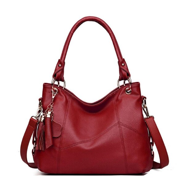 Nevenka Women PU Leather Handbag Large Capacity Satchel With Shoulder Strap-Wine Red
