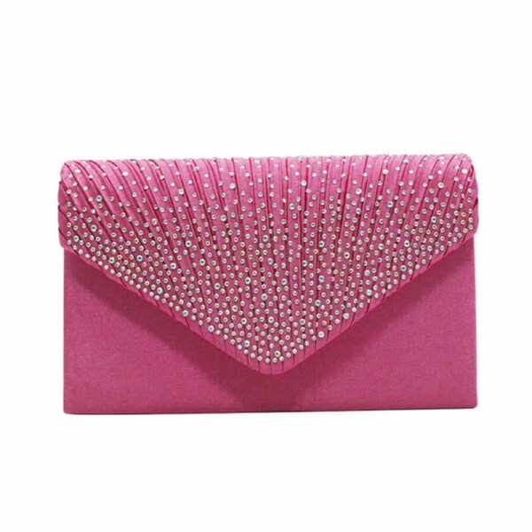 Nevenka Ladies Frosted Satin Evening Clutch Rhinestones Crossbody Bag-RoseRed