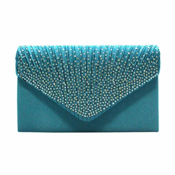 Nevenka Ladies Frosted Satin Evening Clutch Rhinestones Crossbody Bag-LakeBlue