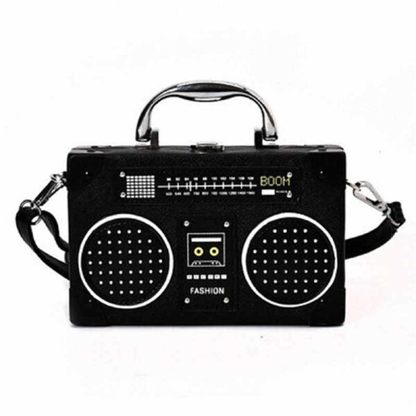 Nevenka Unique Vintage Radio Shaped Cross-Body Bag Women Clip Clasp Shoulder Bag-Black